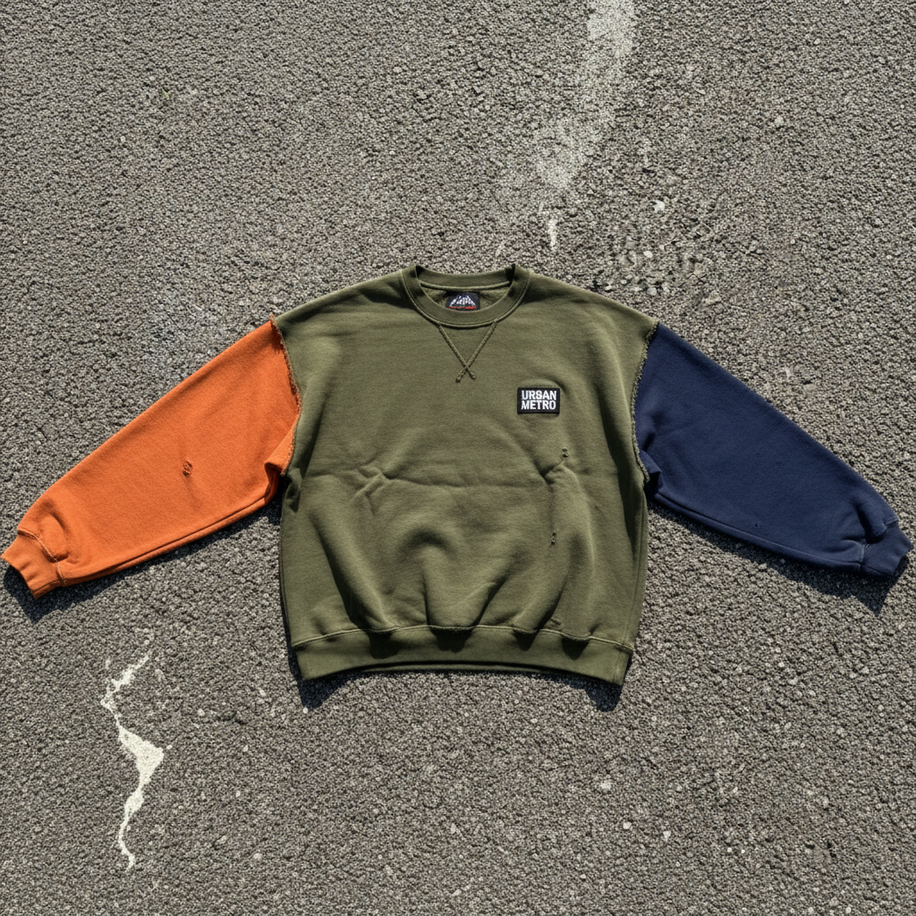 Colorblock Crew sweatshirt in olive, orange, and navy, flat lay on concrete