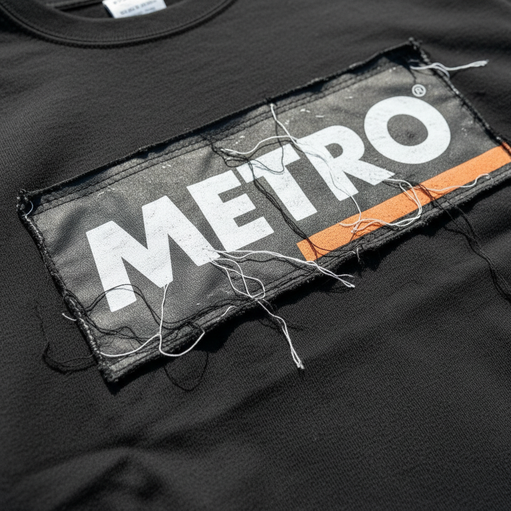 Close-up of the METRO patch on the Colorblock Tee
