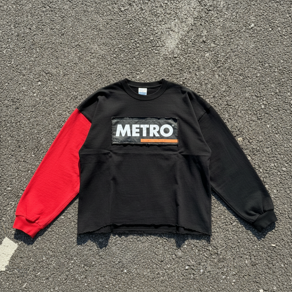 Colorblock Tee in black and red, flat lay on concrete