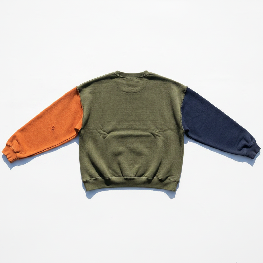 Back view of the Colorblock Crew in olive, orange, and navy